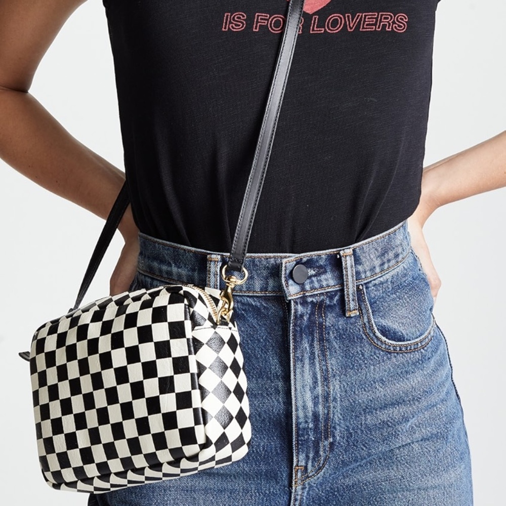 Clare V. Cream and Black Checkerboard Print Leather Midi Sac